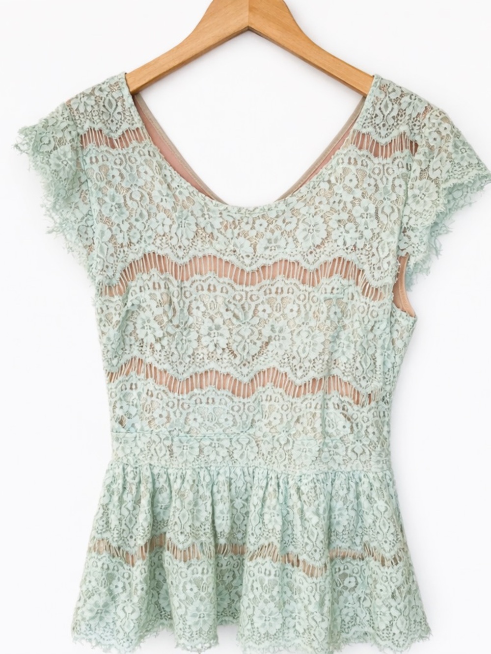 Anthropologie Maeve Lace Peplum Top Mint Green Size L Feminine Blouse
